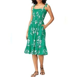 Draper James Floral Dot Smocked Dress Green Midi Length Pockets Size Small